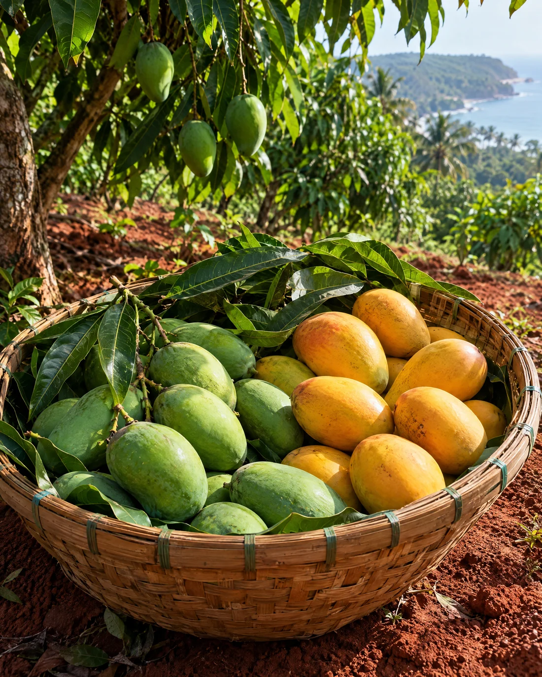 Mango harvest basket beneath Konkan orchard trees