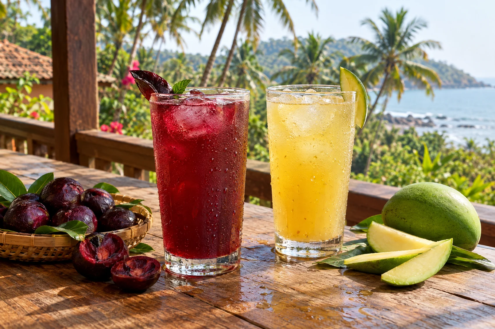 Fresh kokum and kairi sarbat on a sunlit Konkan verandah